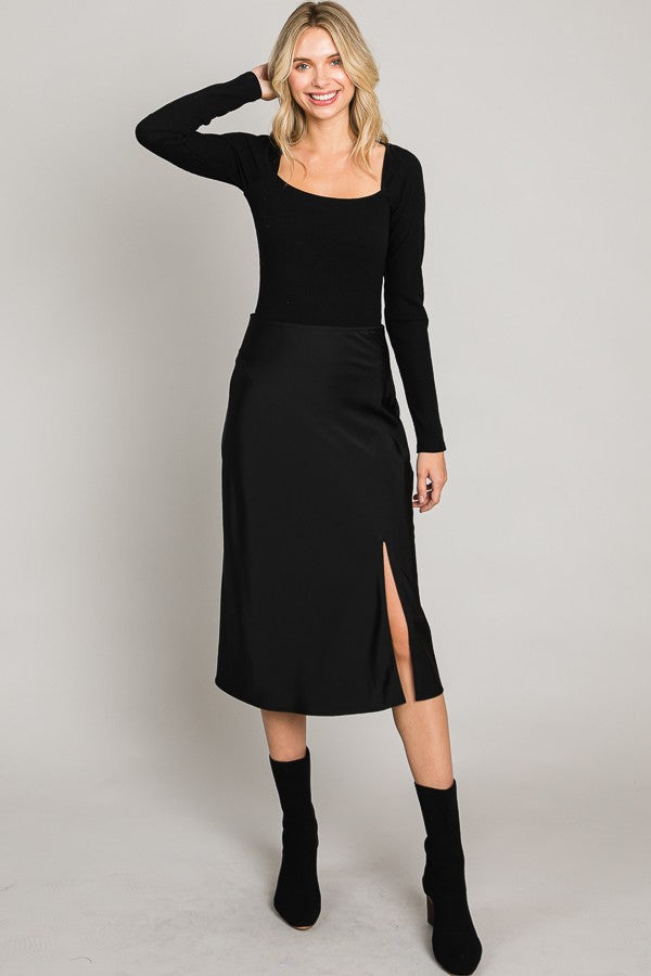 Satin Front Slit Midi Skirt