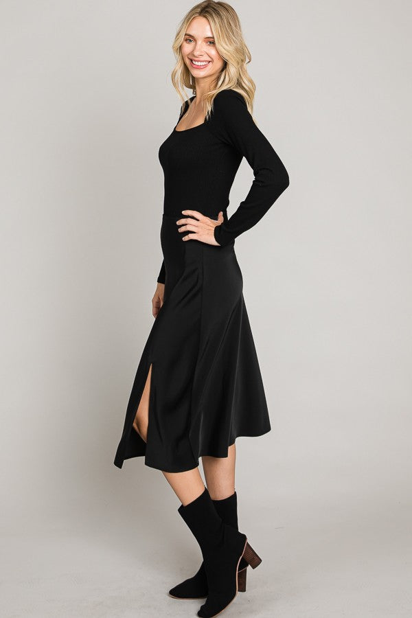 Satin Front Slit Midi Skirt