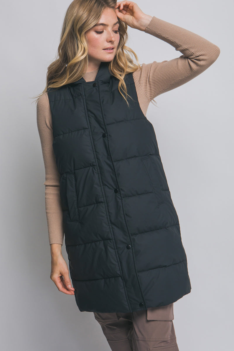 Hooded Long Quilted Puffer Vest