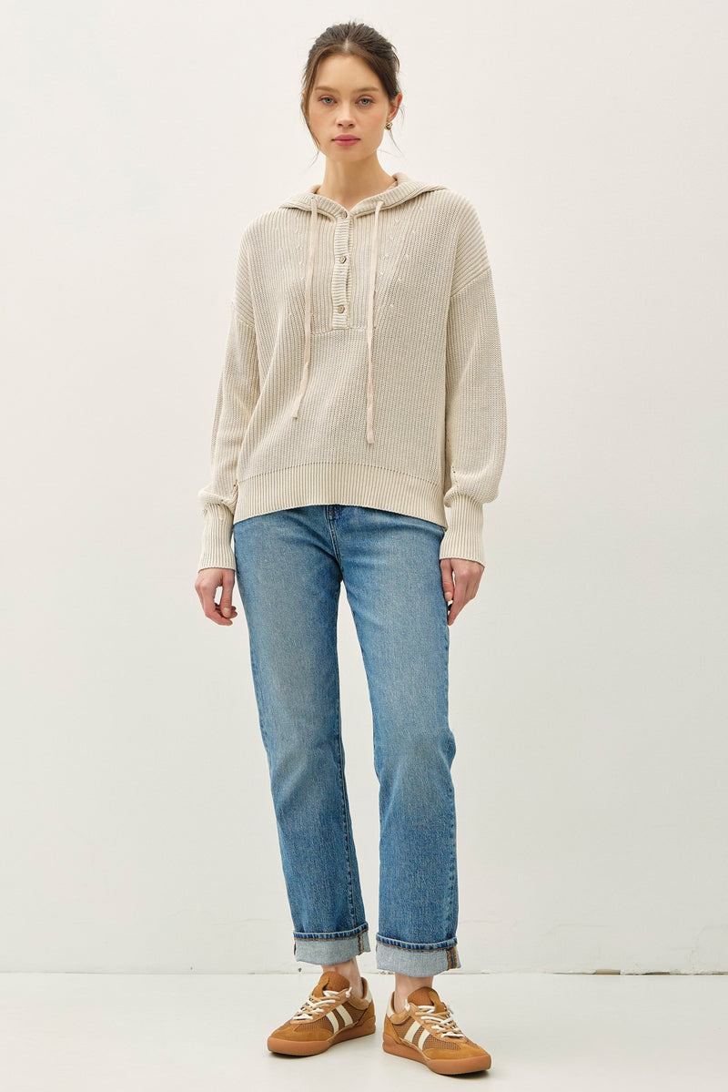 Chunky Knit Henley Hoodie Sweater