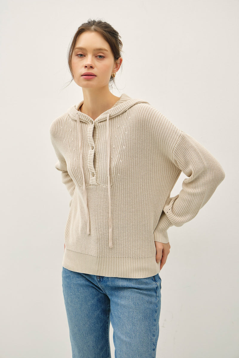 Chunky Knit Henley Hoodie Sweater
