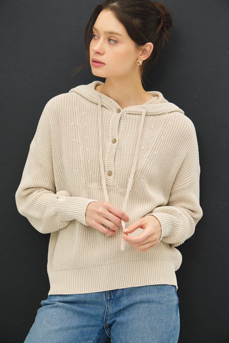 Chunky Knit Henley Hoodie Sweater