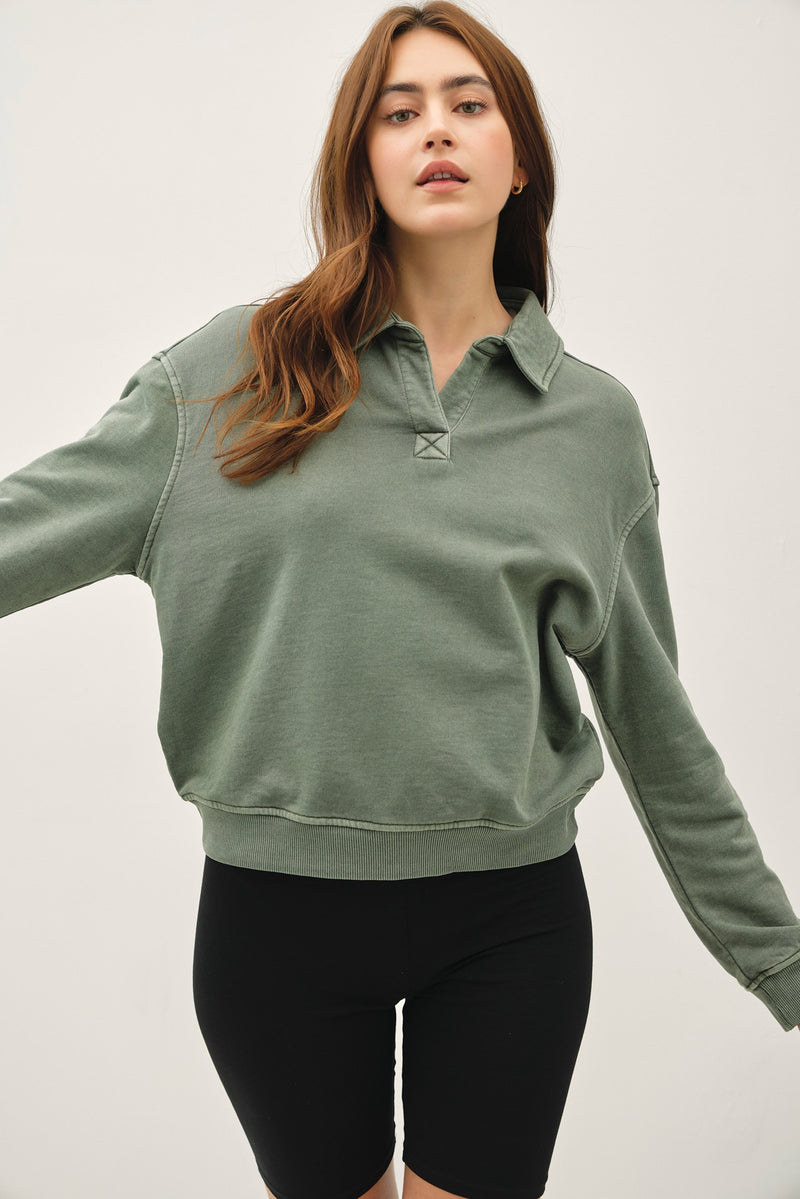 Acid Wash Collared Henley Pullover Sweatshirt