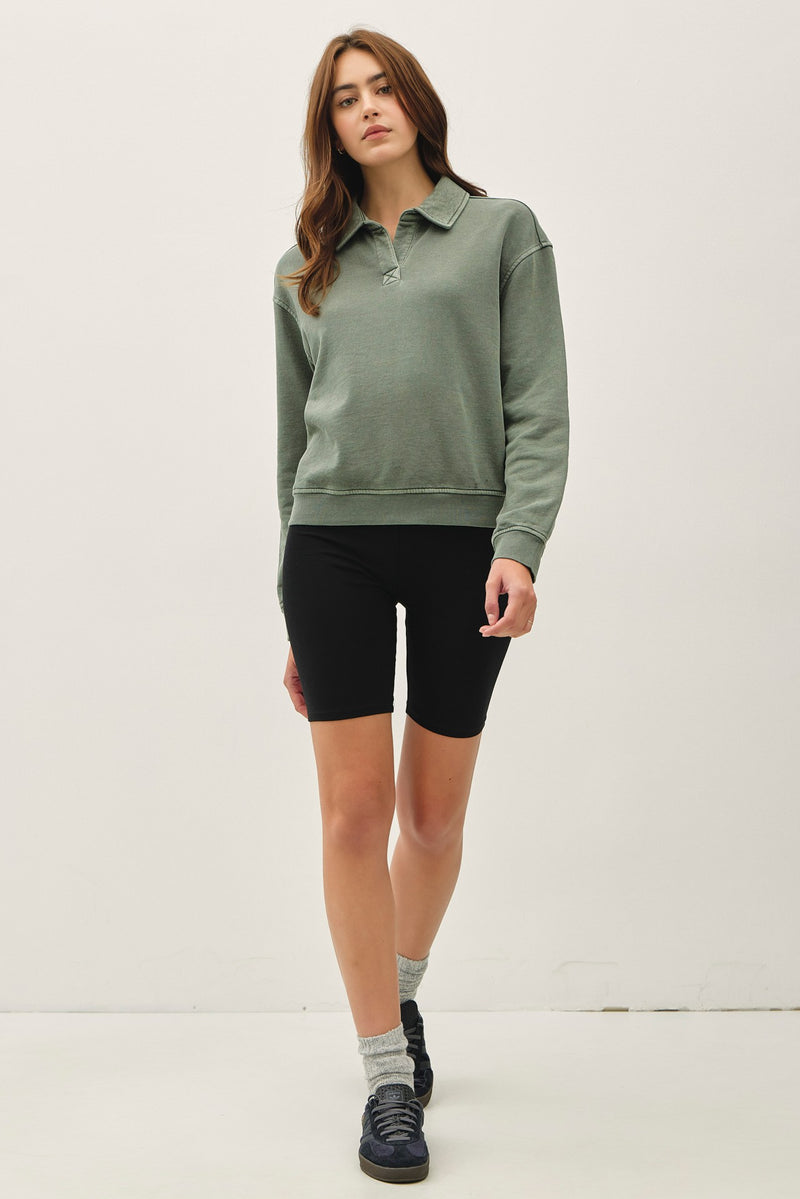 Acid Wash Collared Henley Pullover Sweatshirt