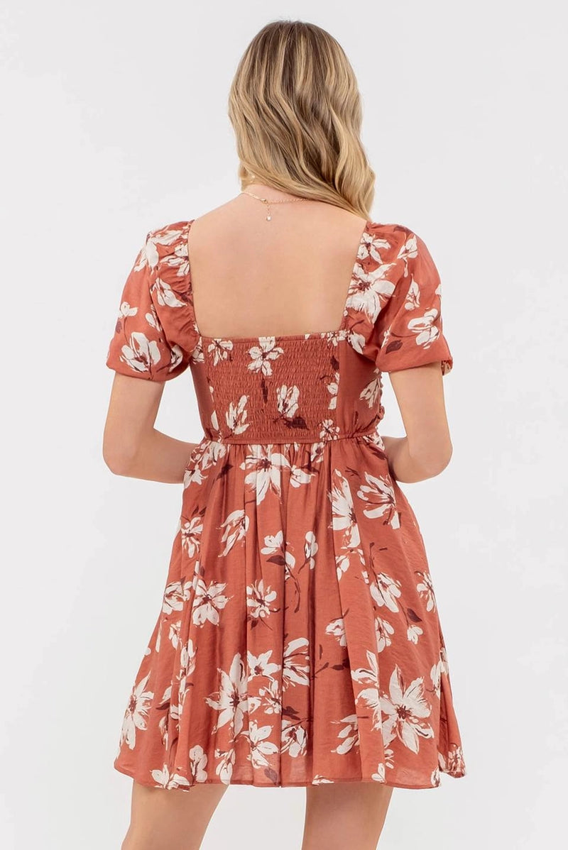 Floral Pleated Puff Sleeve Mini Dress