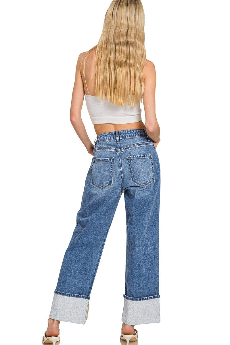 Zenana High Rise Cuffed Wide Leg Jean