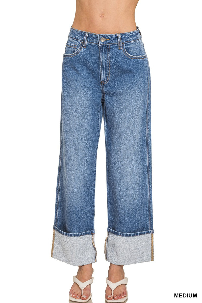 Zenana High Rise Cuffed Wide Leg Jean