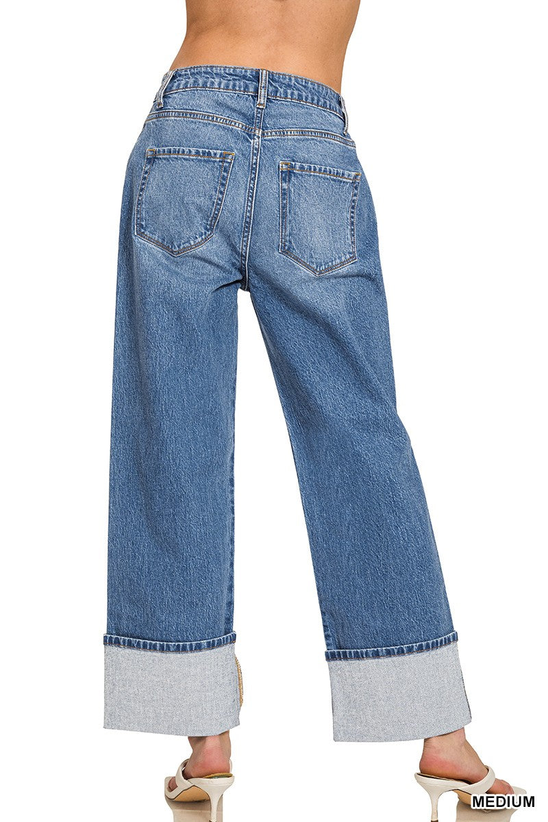 Zenana High Rise Cuffed Wide Leg Jean