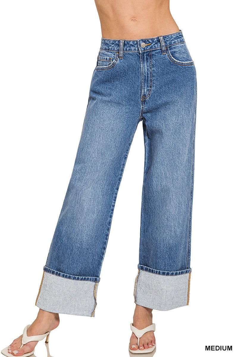 Zenana High Rise Cuffed Wide Leg Jean