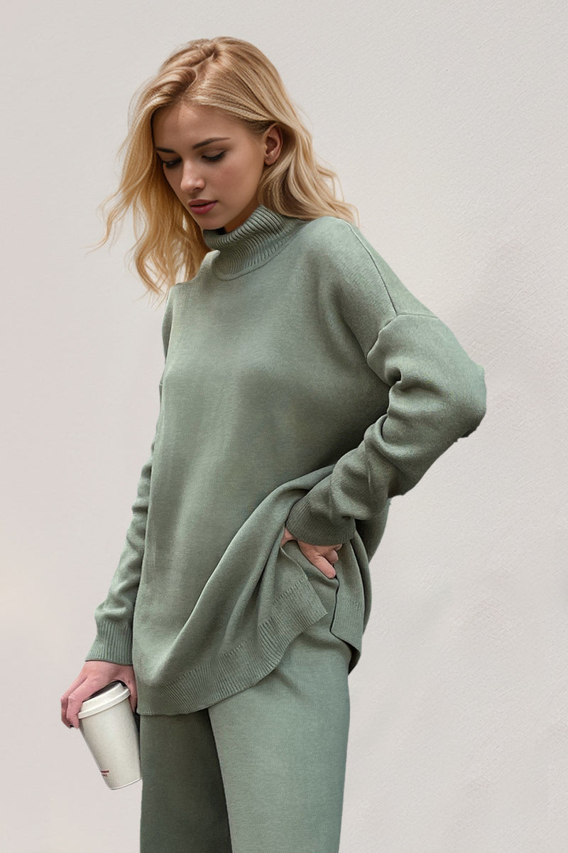 Side Slit Turtleneck Dropped Shoulder Sweater