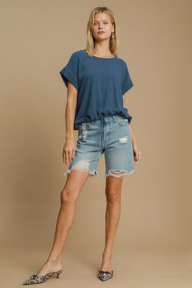 Drawstring Hem Round Neck Short Sleeve T-Shirt