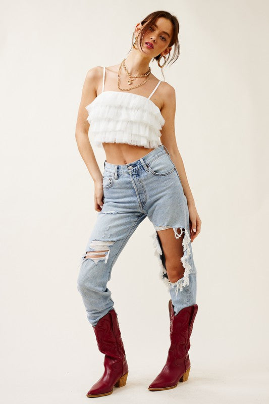Ruffled Tulle Tiered Cropped Tank Top