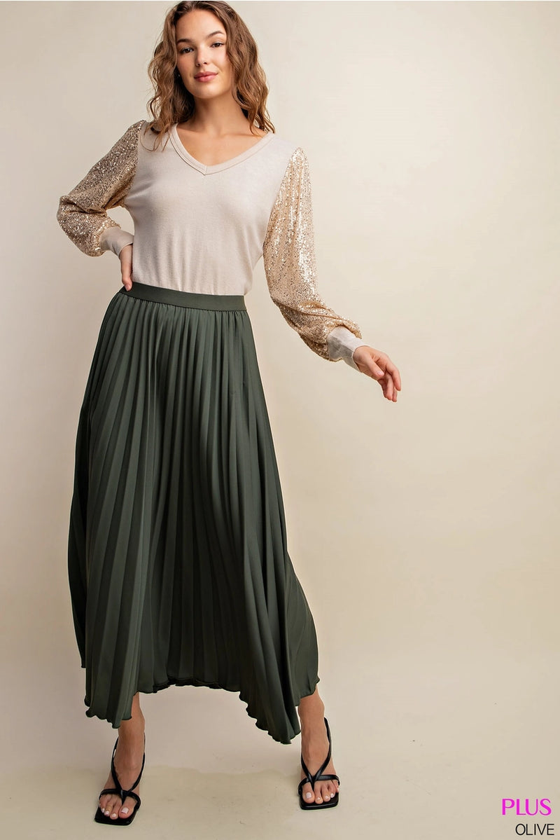 Plus Pleated Long Skirt with Elastic Waist Band