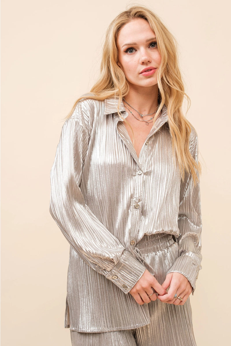 Metallic Plisse Pleated Button Up Blouse