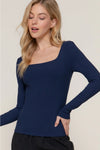 Long Sleeve Square Neck Double Layer Ribbed Knit Top