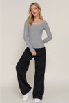 Long Sleeve Square Neck Double Layer Ribbed Knit Top