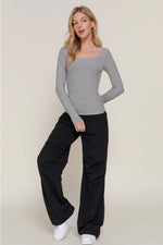 Long Sleeve Square Neck Double Layer Ribbed Knit Top