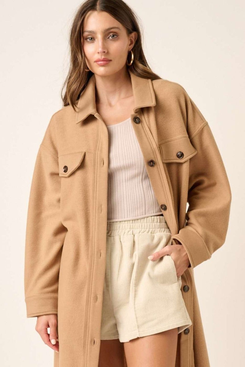 Button Up Drop Shoulder French Terry Longline Jacket