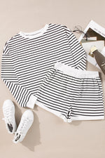 Striped Round Neck Long Sleeve Top and Shorts Set