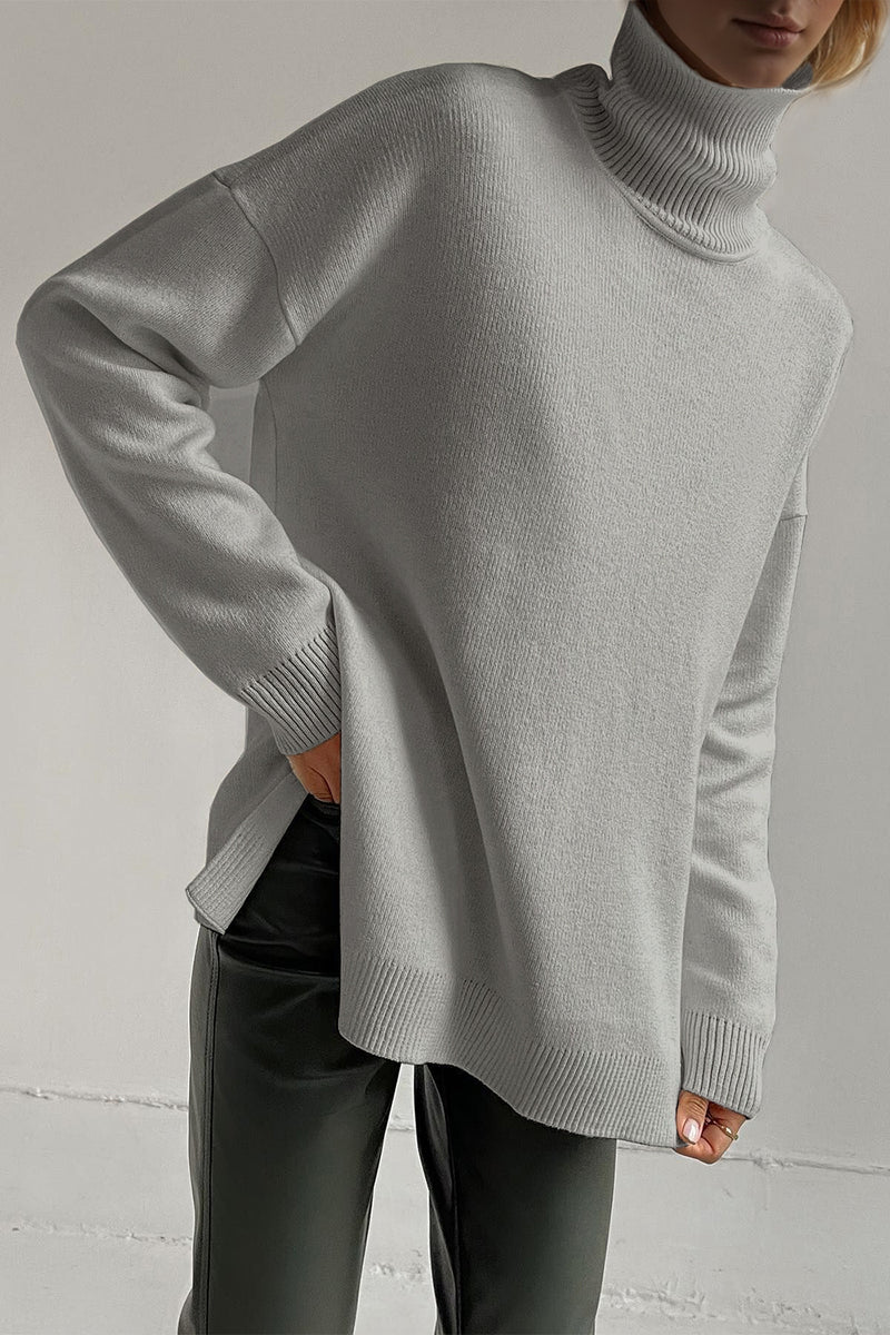 Side Slit Turtleneck Dropped Shoulder Sweater