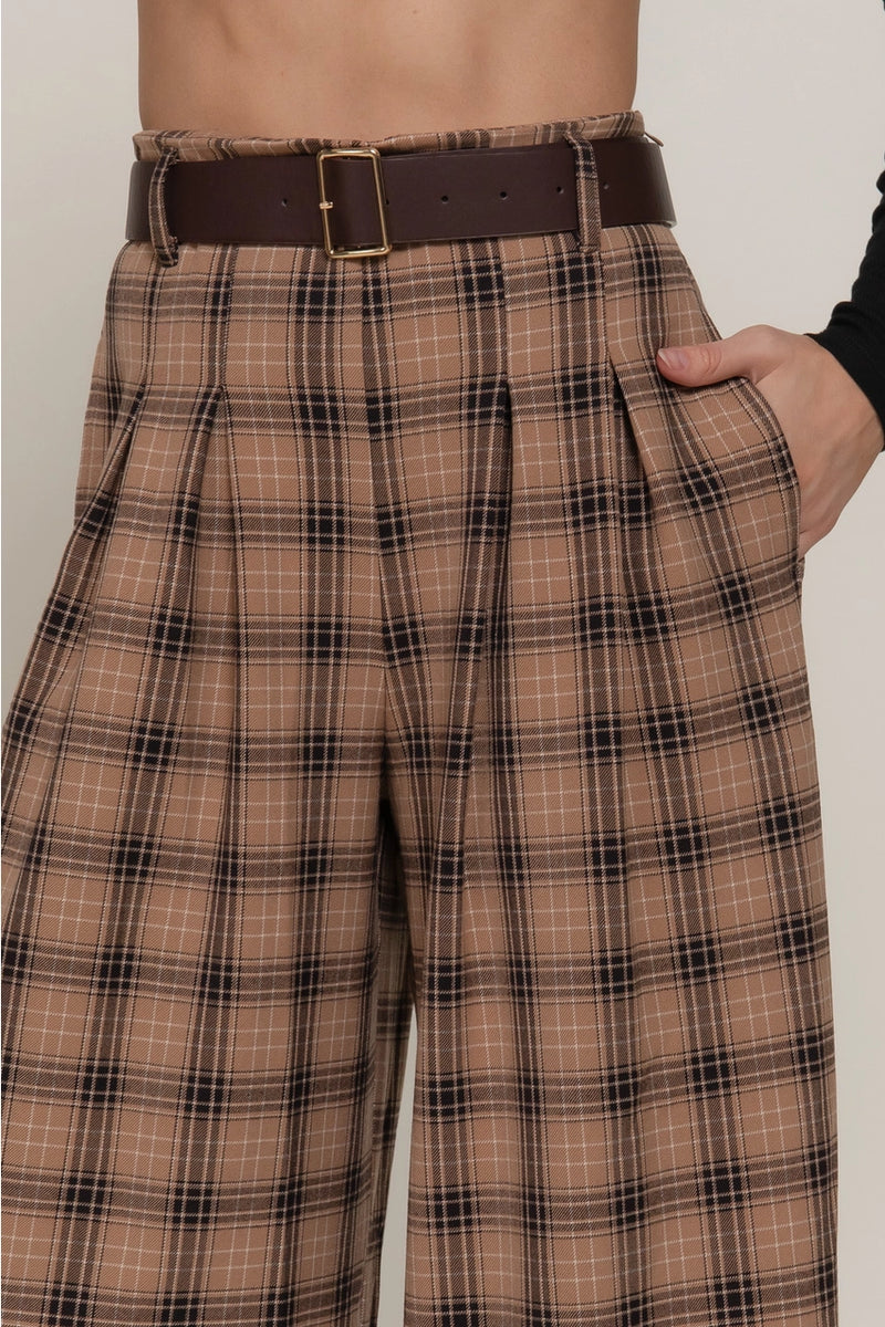 Pleats Detail Belted Side Zipper Plaid Woven Wide Long Pants