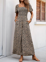 Smocked Printed Square Neck Puff Sleeve Jumpsuit