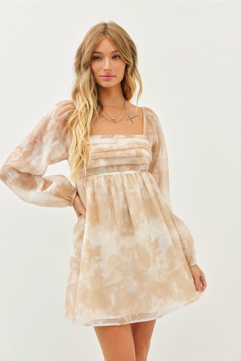 Romantic Sheer Floral Pleated Babydoll Dress