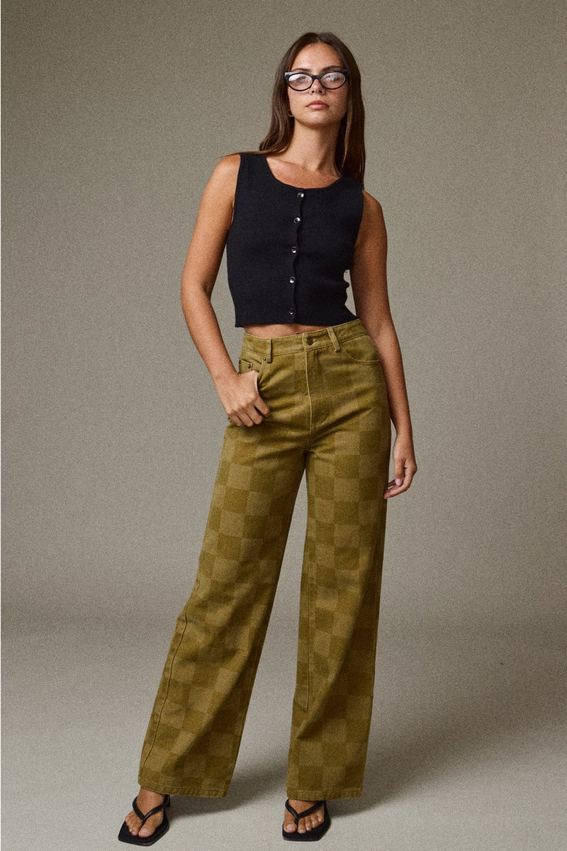 Olive Checkered Wide Leg Jeans