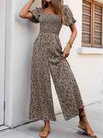 Smocked Printed Square Neck Puff Sleeve Jumpsuit