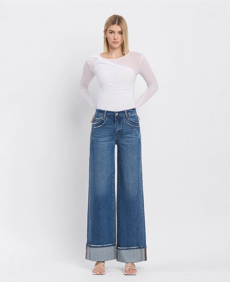 Vervet by Flying Monkey High Rise Cuffed Panel Baggy Wide Jeans