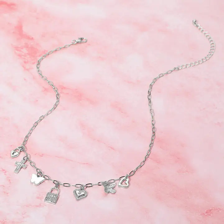 Lock Butterfly Heart Cross Charm Station Necklace