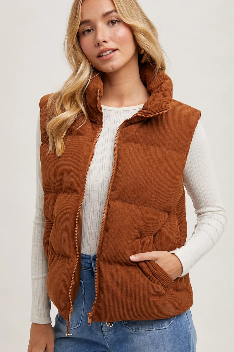 Corduroy Puffer Vest Zipper Front