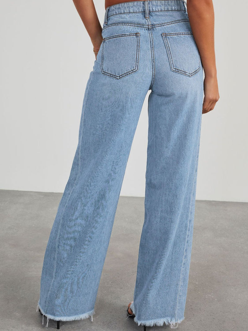 Raw Hem Wide Leg Jeans with Pockets