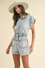 Elastic Waistband Short Sleeve Denim Romper