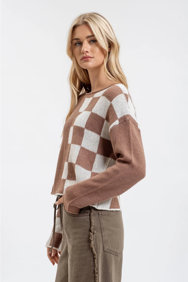 Colorblock Checkered Long Sleeve Knit Sweater