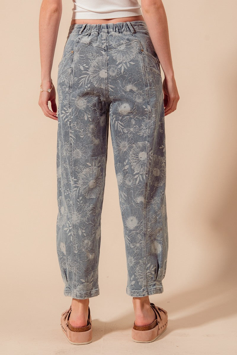 So Me Mid Rise Floral Denim Barrel Jeans