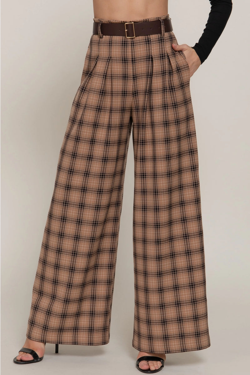 Pleats Detail Belted Side Zipper Plaid Woven Wide Long Pants