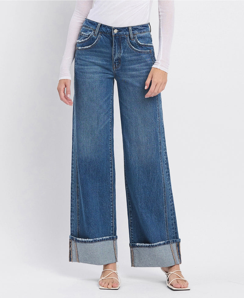 Vervet by Flying Monkey High Rise Cuffed Panel Baggy Wide Jeans