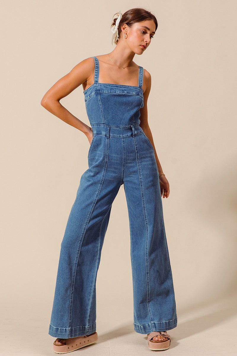 Raw Edge Washed Denim Jumpsuit