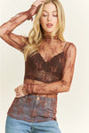 Mesh Lace High Neck Design Long Sleeve Fitted Top