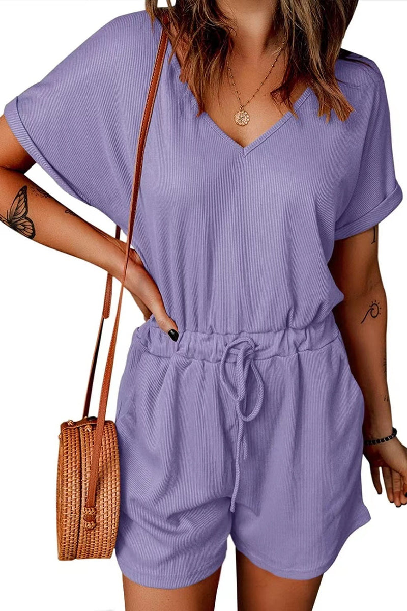 Drawstring V-Neck Short Sleeve Romper