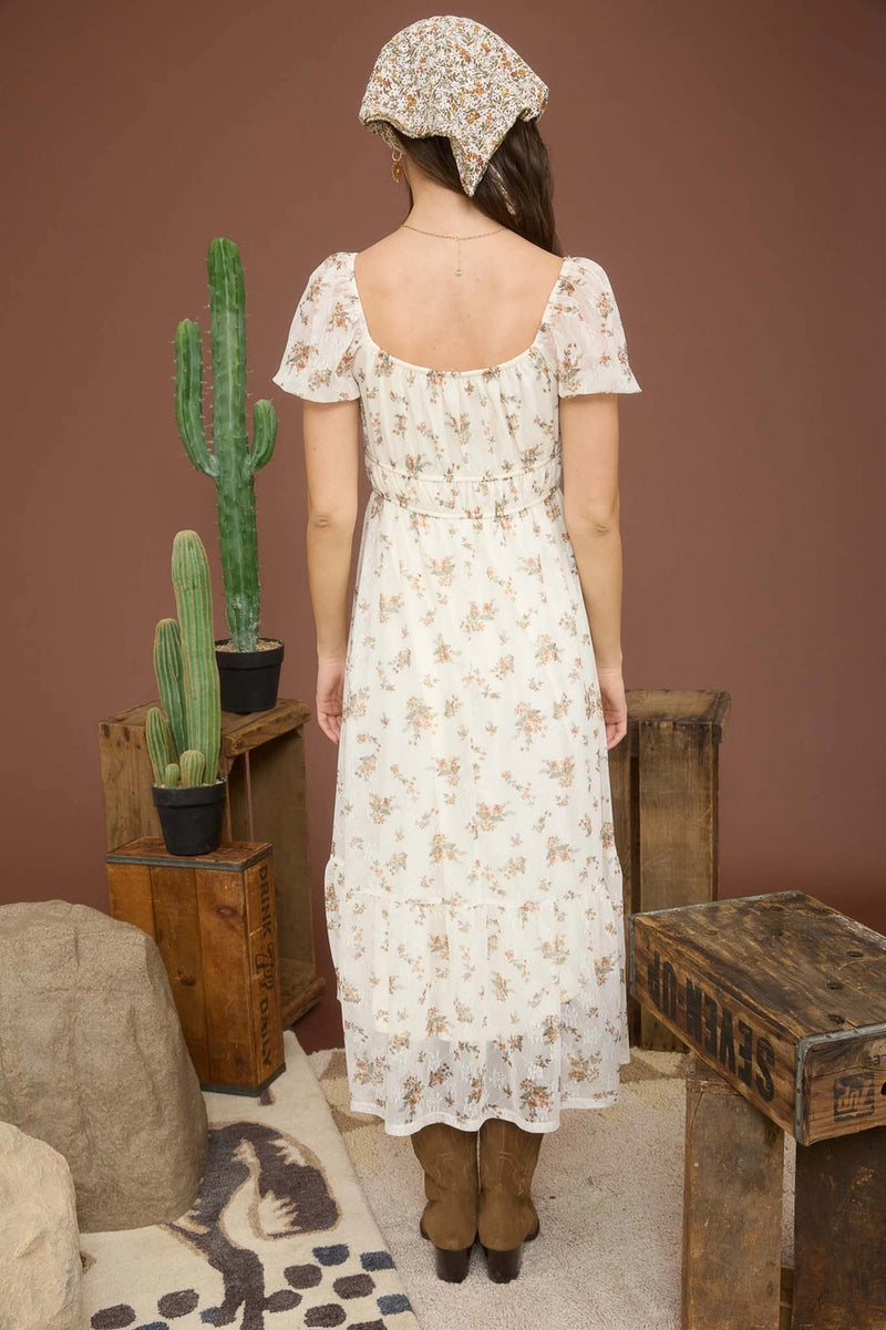 Sheer Floral Puff Sleeve Front Tie Midi Dress