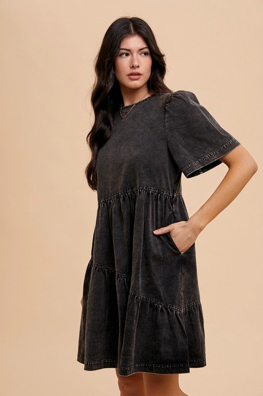 Mineral Washed Round Neck Short Sleeve Denim Dress