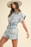 Elastic Waistband Short Sleeve Denim Romper