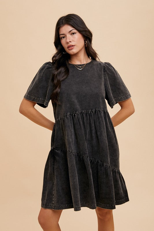 Mineral Washed Round Neck Short Sleeve Denim Dress