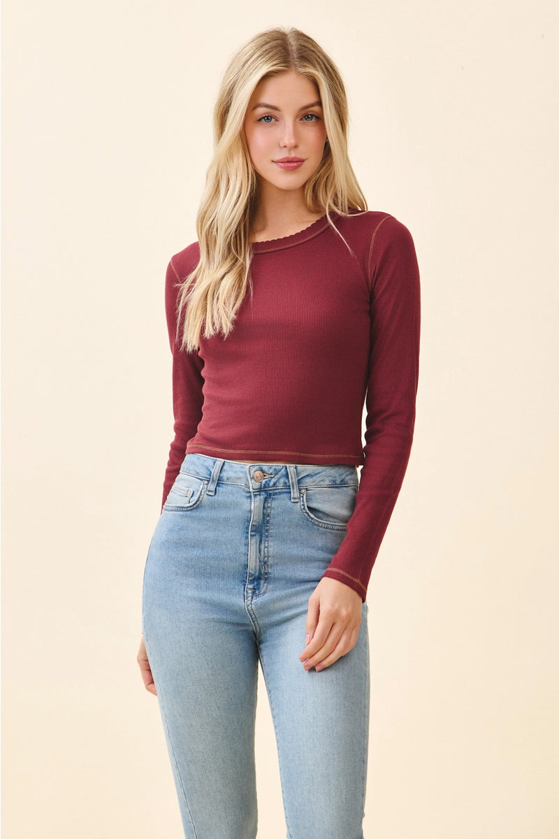 Long Sleeve Crew Neck with Scalloped Edge