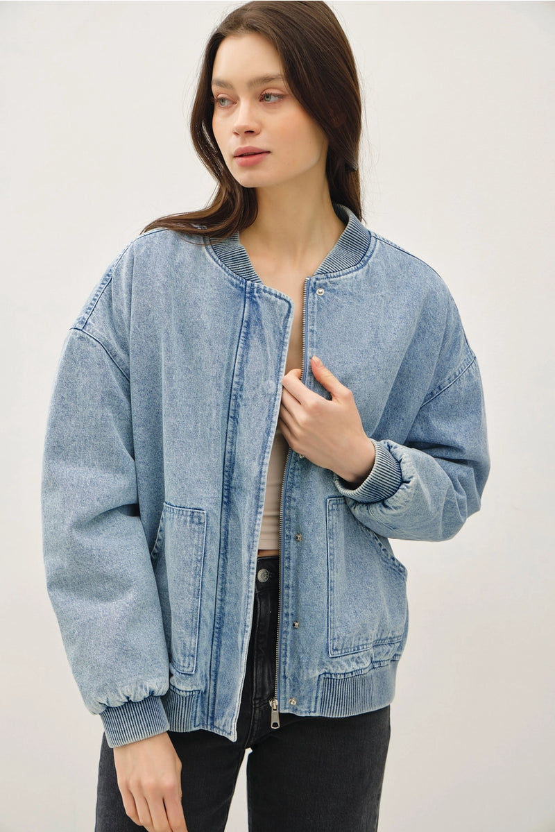 Denim Feel Bomber Jacket w/ Pockets