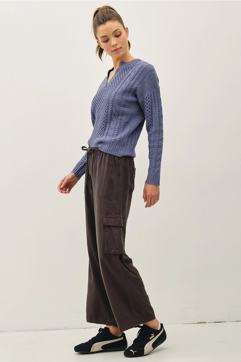 Tencel High Rise Drawstring Wide Leg Cargo Pants