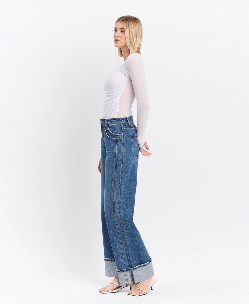 Vervet by Flying Monkey High Rise Cuffed Panel Baggy Wide Jeans