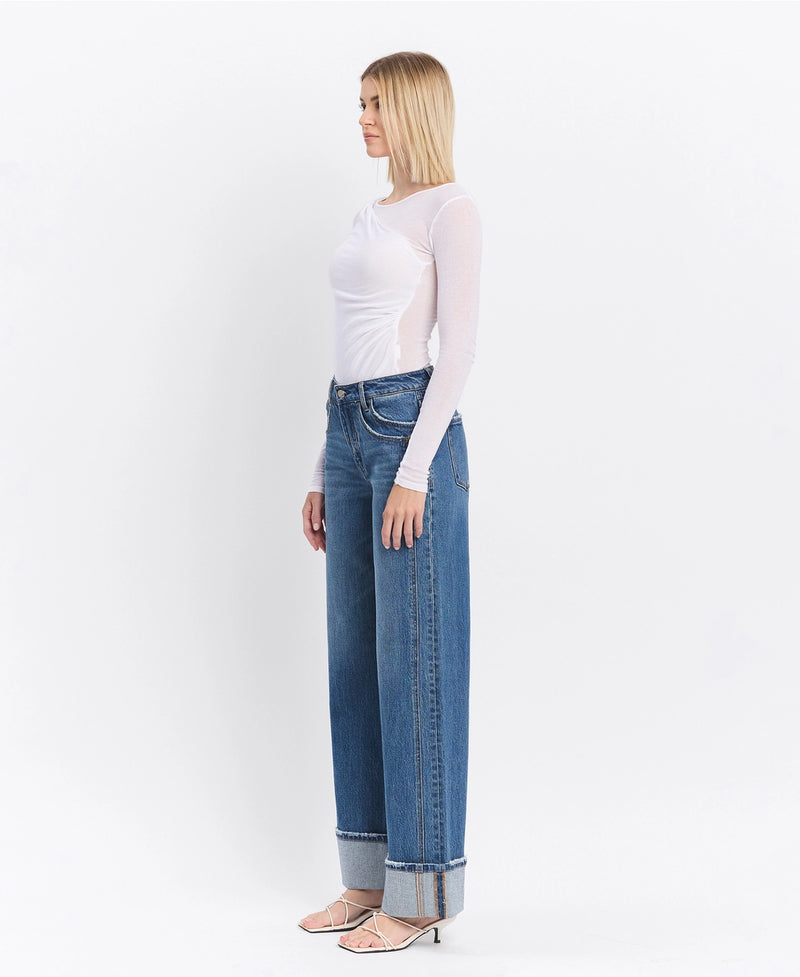 Vervet by Flying Monkey High Rise Cuffed Panel Baggy Wide Jeans